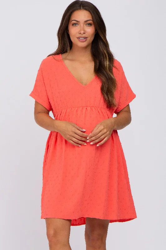 Coral Swiss Dot V-Neck Maternity Dress