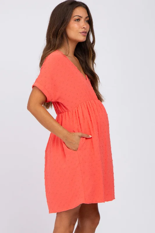 coral-swiss-dot-v-neck-maternity-dress