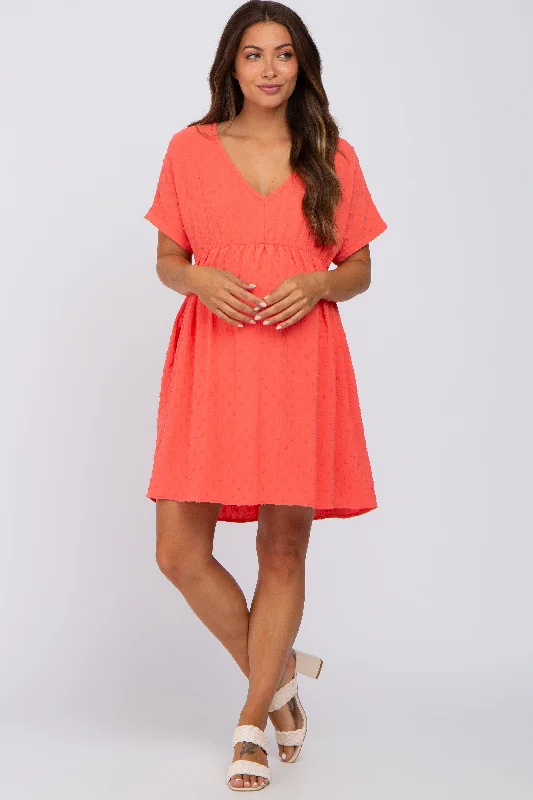 coral-swiss-dot-v-neck-maternity-dress