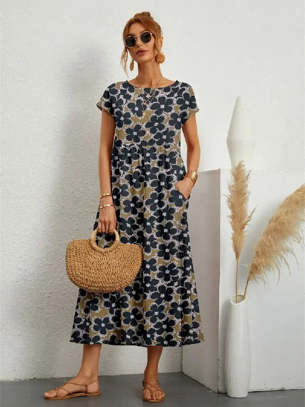 Women Summer Fashion Style Short Sleeve Print O-neck Fold with Pockets Midi Dress