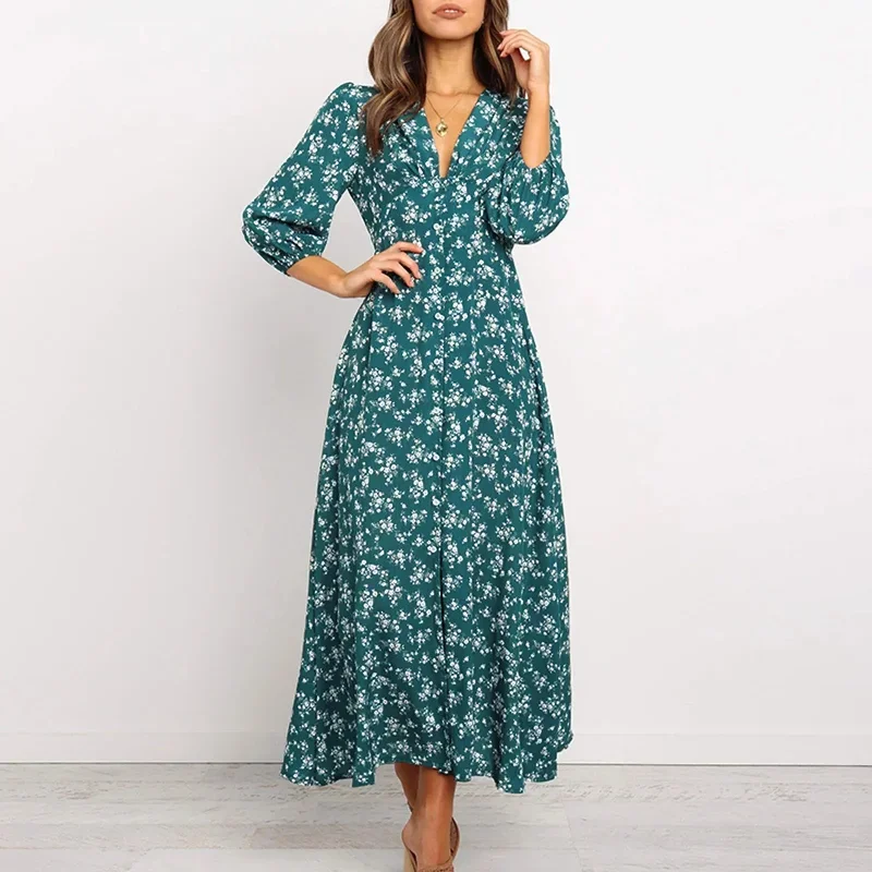 Offer Liquidation V-Neck Long Sleeved High Waisted Chiffon Print Holiday Women's Boho Dress