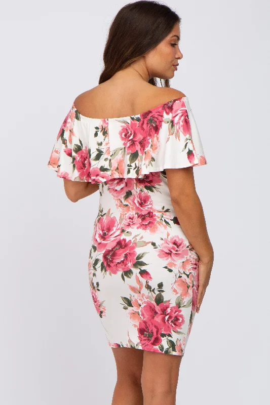 cream-floral-off-shoulder-maternity-fitted-dress