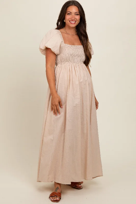 Cream Puff Sleeve Smocked Maternity Maxi Dress