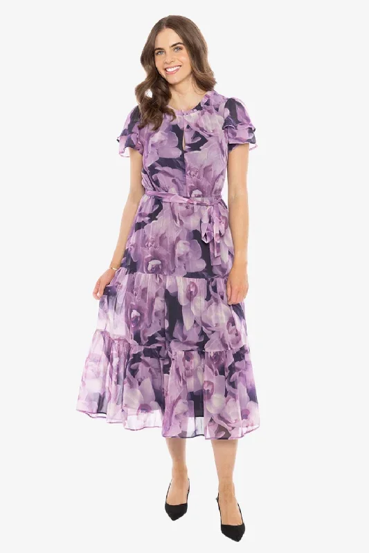 Cruise Purple Poppies SS Frill Sleeve Maxi