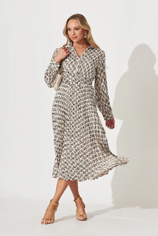 Cyrus Midi Dress In Cream Chain Print Satin