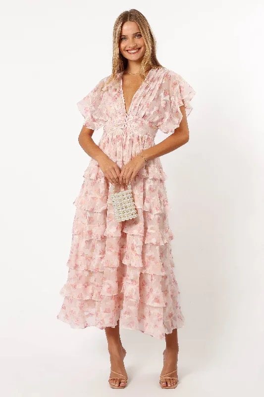 Daphne Ruffle Midi Dress - Pink Orange