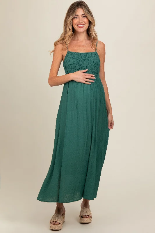 Dark Teal Smocked Cutout Lace Up Back Maternity Maxi Dress