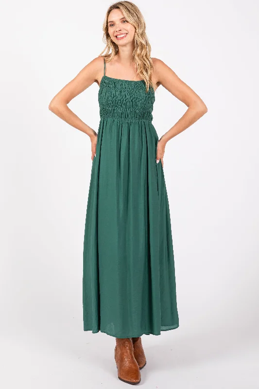 dark-teal-smocked-cutout-lace-up-back-maternity-maxi-dress