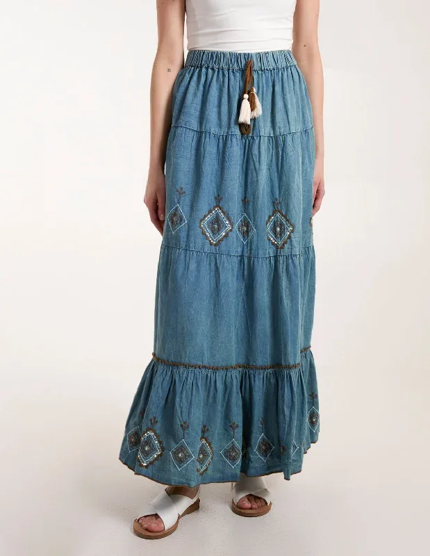 Denim Embroidered Tiered Skirt