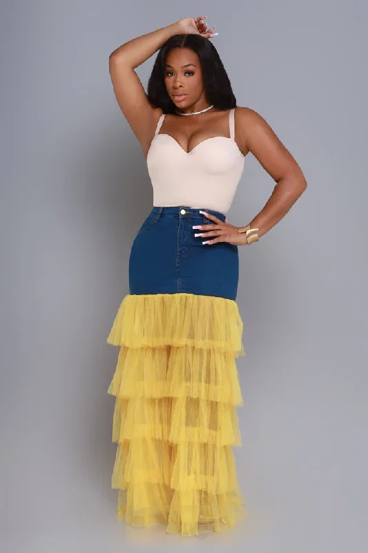 Deny Me This Ruffled Denim Maxi Skirt - Dark Wash/Yellow