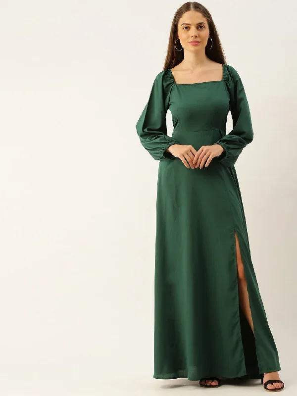 Berrylush Women Solid Green Square Neck Slim-Fit Maxi Dress