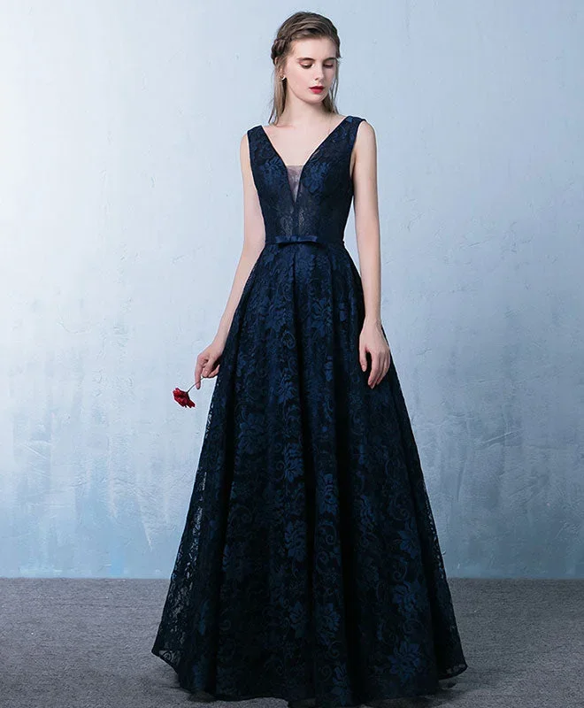 Elegant Dark Blue V Neck Long Prom Dress, Lace Evening Dress