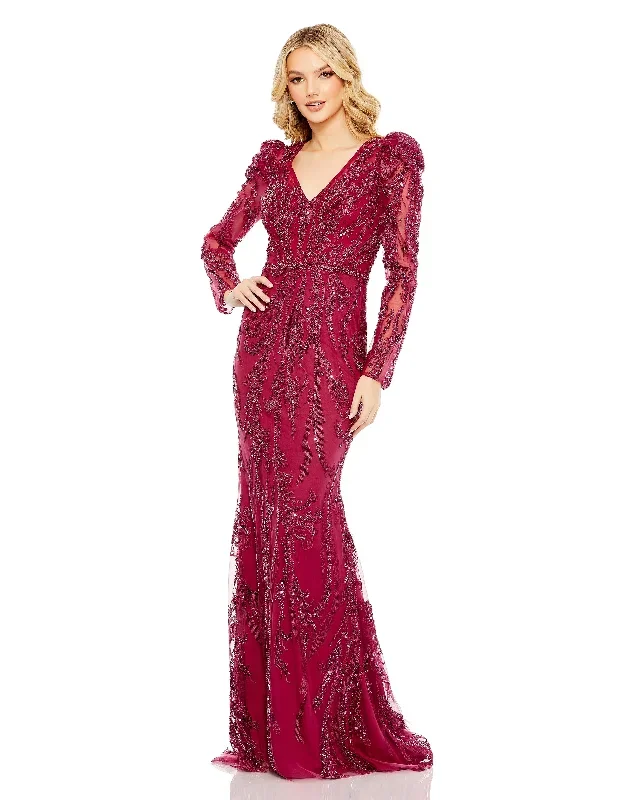 Embellished Puff Sleeve V Neck Gown