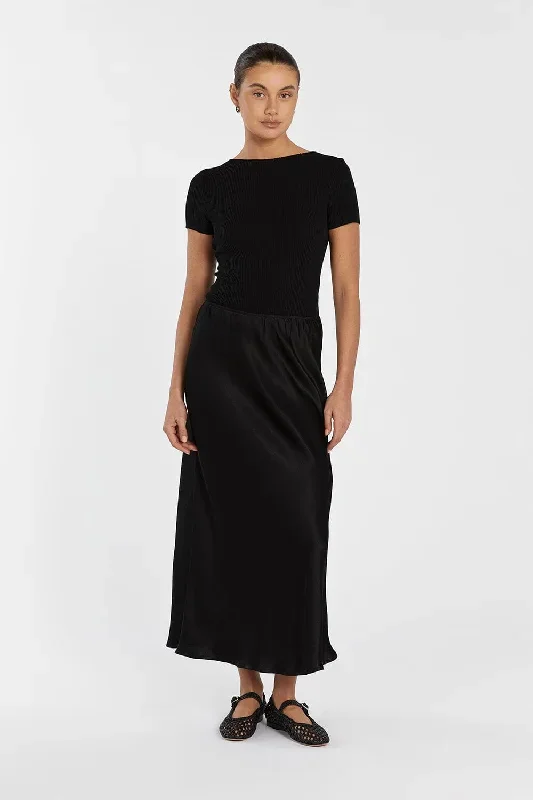 EMELIA BLACK SATIN MIDI SKIRT