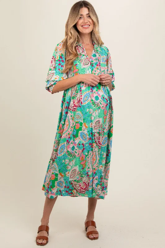 Emerald Paisley Print Tiered A-Line Maternity Midi Dress