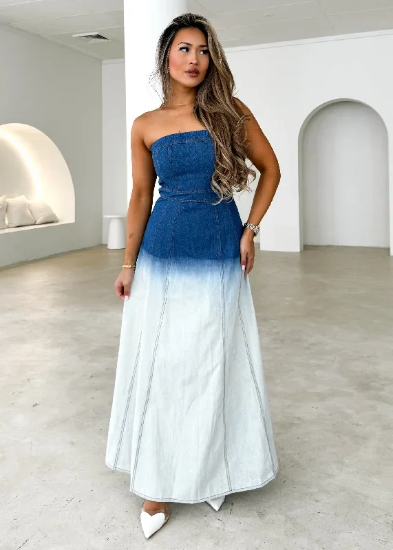 Emina Strapless Denim Maxi Dress - Washed Blue