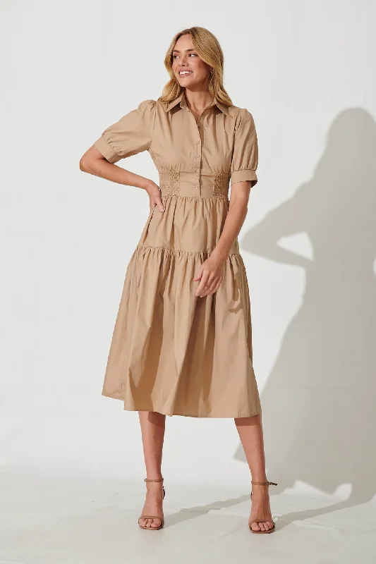 Fairfax Midi Shirt Dress In Taupe Cotton