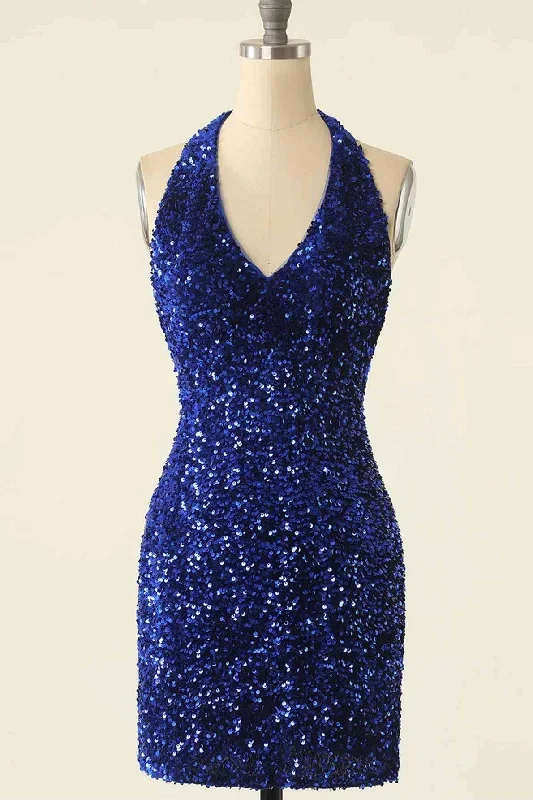 Fitted Backless Halter Royal Blue Sequined Homecoming Dress