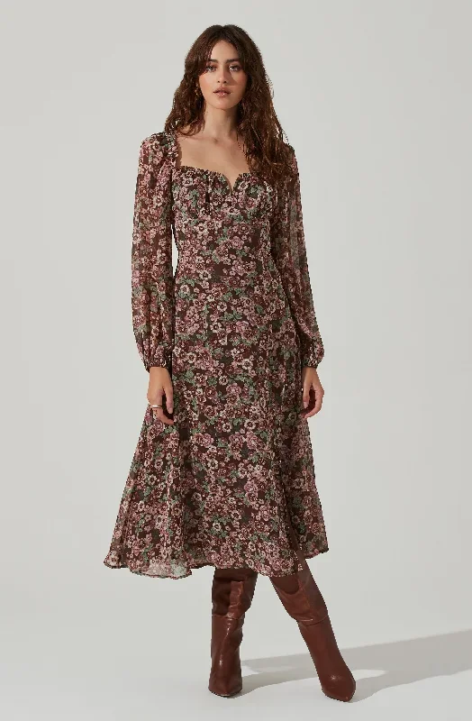 Floral V Front Long Sleeve Midi Dress