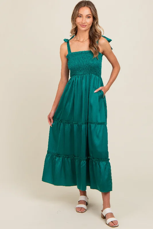 forest-green-satin-smocked-maternity-maxi-dress