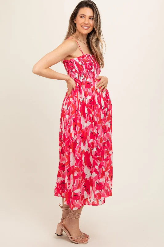 fuchsia-abstract-floral-smocked-maternity-midi-dress