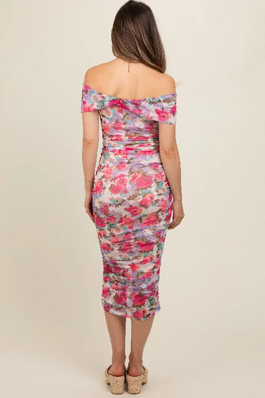 fuchsia-floral-off-shoulder-ruched-maternity-midi-dress