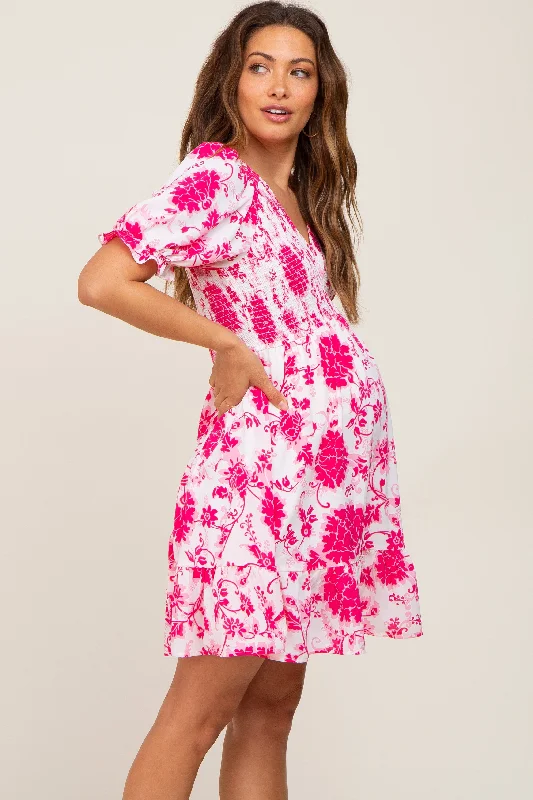 fuchsia-floral-smocked-puff-sleeve-maternity-dress-1