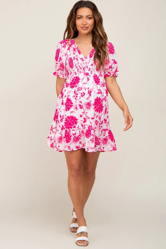 fuchsia-floral-smocked-puff-sleeve-maternity-dress-1