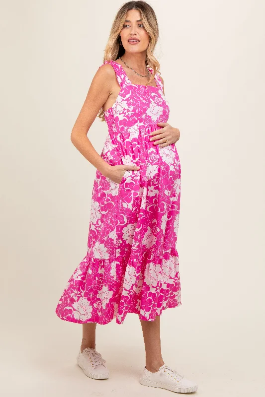 fuchsia-floral-tiered-sleeveless-maternity-midi-dress