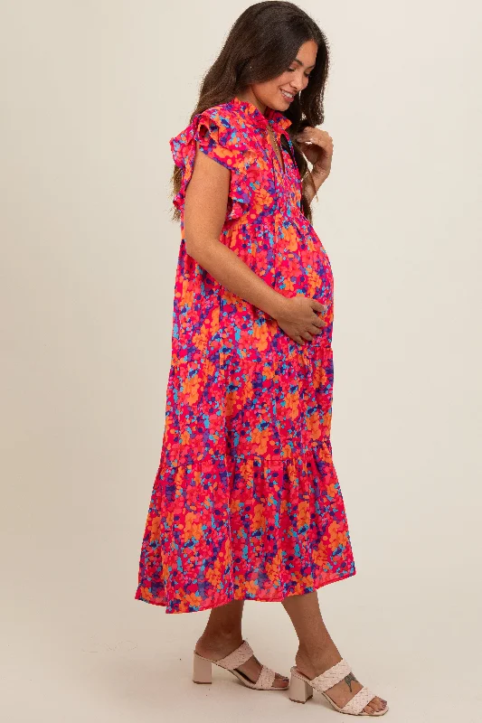 fuchsia-layered-ruffle-shoulder-tiered-maternity-midi-dress