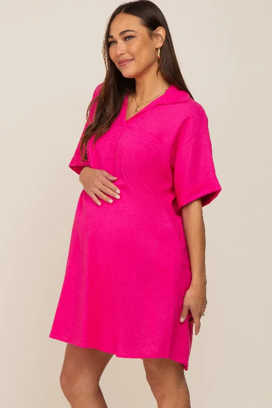 fuchsia-linen-collared-front-pocket-short-sleeve-maternity-dress