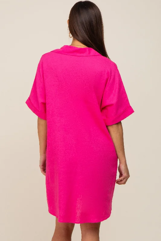 fuchsia-linen-collared-front-pocket-short-sleeve-maternity-dress