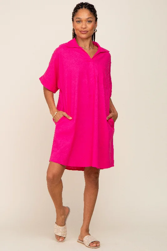 fuchsia-linen-collared-front-pocket-short-sleeve-maternity-dress