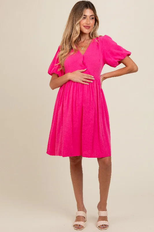 Fuchsia Linen Puff Sleeve Maternity Dress