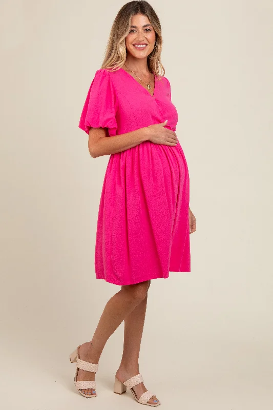 fuchsia-linen-puff-sleeve-maternity-dress