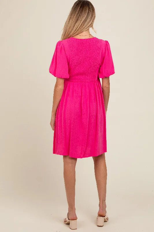 fuchsia-linen-puff-sleeve-maternity-dress