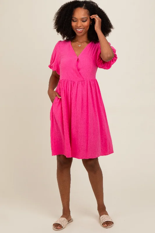 fuchsia-linen-puff-sleeve-maternity-dress