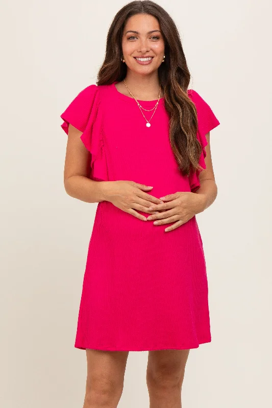 fuchsia-ribbed-ruffle-sleeve-maternity-dress