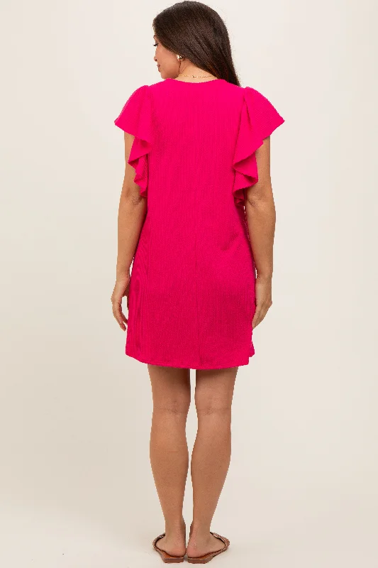 fuchsia-ribbed-ruffle-sleeve-maternity-dress