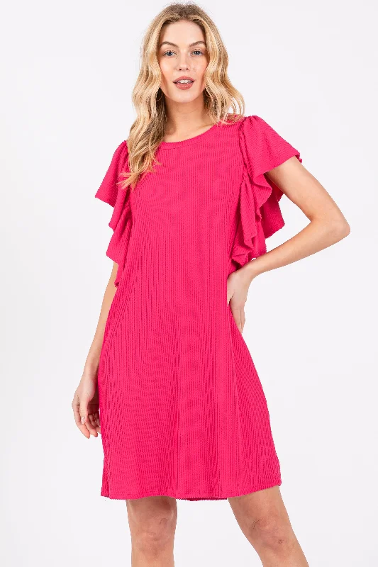 fuchsia-ribbed-ruffle-sleeve-maternity-dress