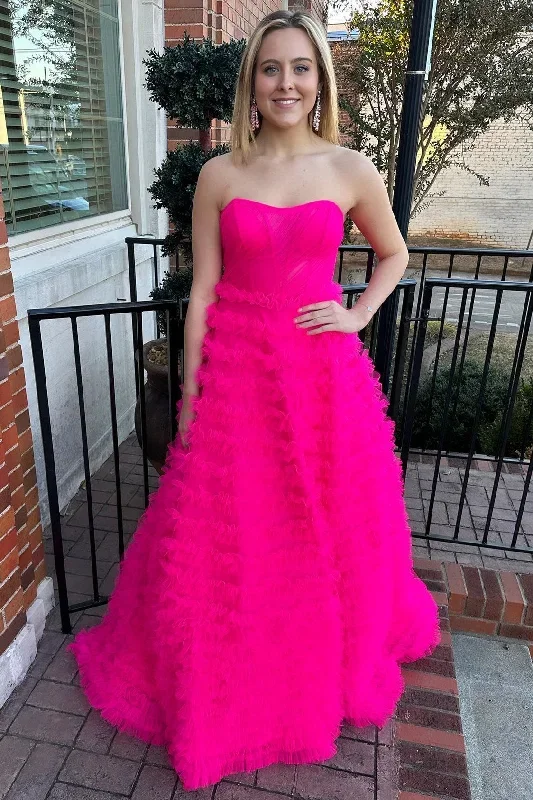 Hot Pink Strapless Ruffle A-Line Long Prom Dress