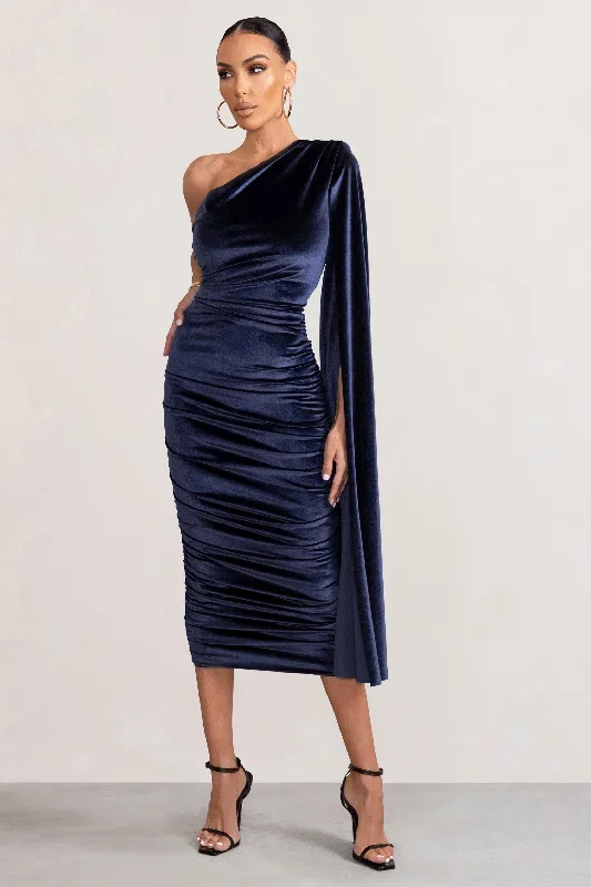 Gianna | Navy Velvet One Shoulder Cape Bodycon Midi Dress