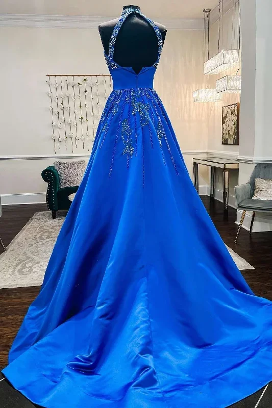 glamorous-royal-blue-satin-beaded-halter-a-line-prom-gown