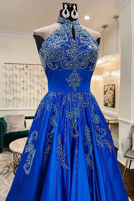 glamorous-royal-blue-satin-beaded-halter-a-line-prom-gown