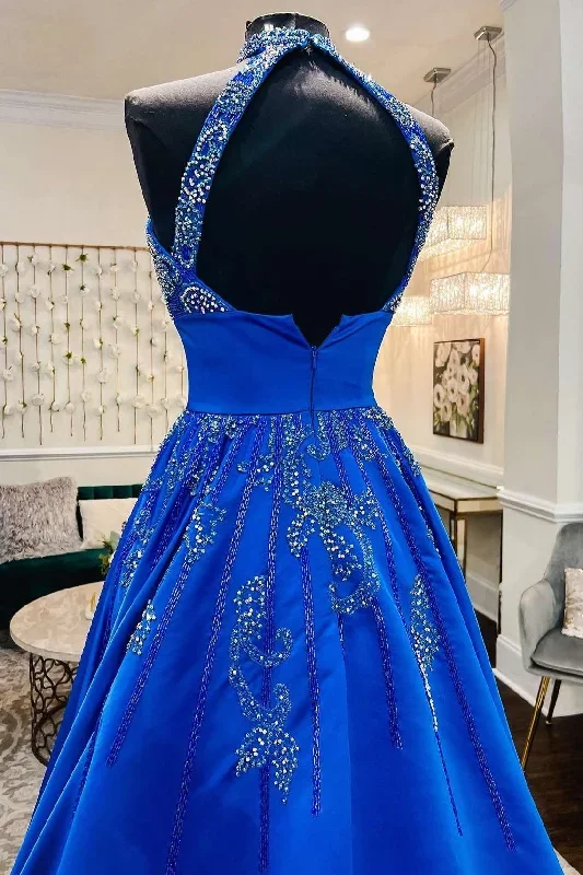 glamorous-royal-blue-satin-beaded-halter-a-line-prom-gown