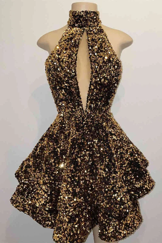 Glitter Halter Gold Sequins A-Line Short Party Dress