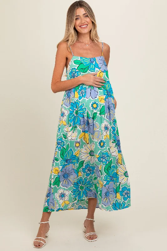 Green Floral Back Tie Maternity Midi Dress