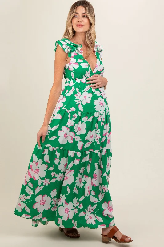 green-floral-deep-v-neck-open-back-maternity-maxi-dress