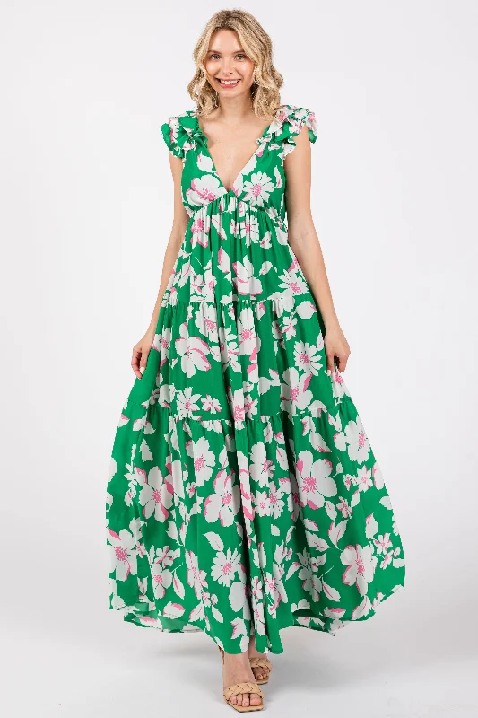 green-floral-deep-v-neck-open-back-maternity-maxi-dress