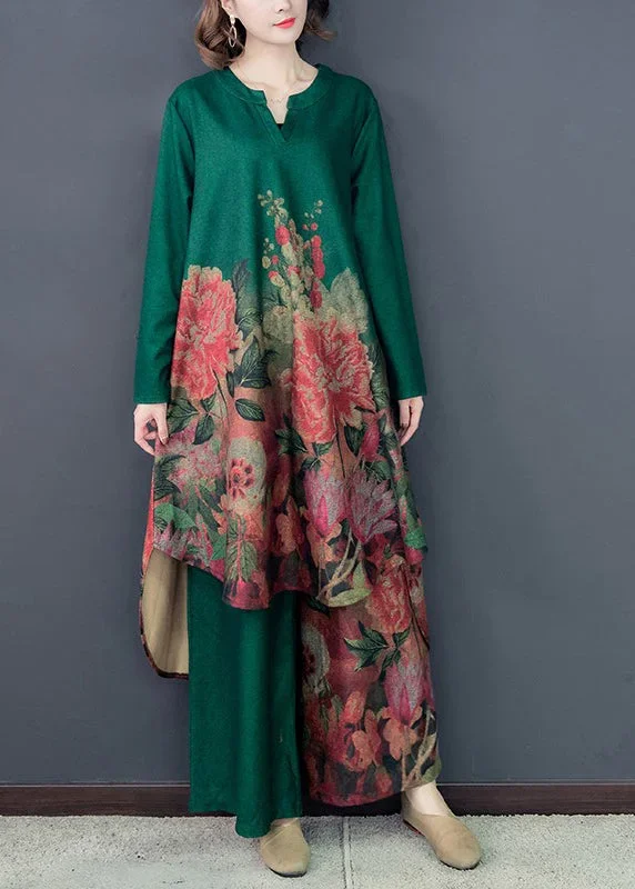 Green Floral Silk Dress And Wide Leg Pants Two Pieces Set Low High Design Spring